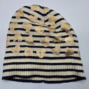 Crewcuts Girls L/XL Black Gold Striped Beanie Hat With Heart Accents Winter Warm